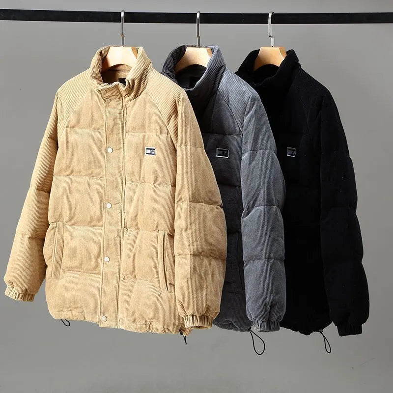 Men's corduroy padded jacket with mock collar, long sleeves and front pockets