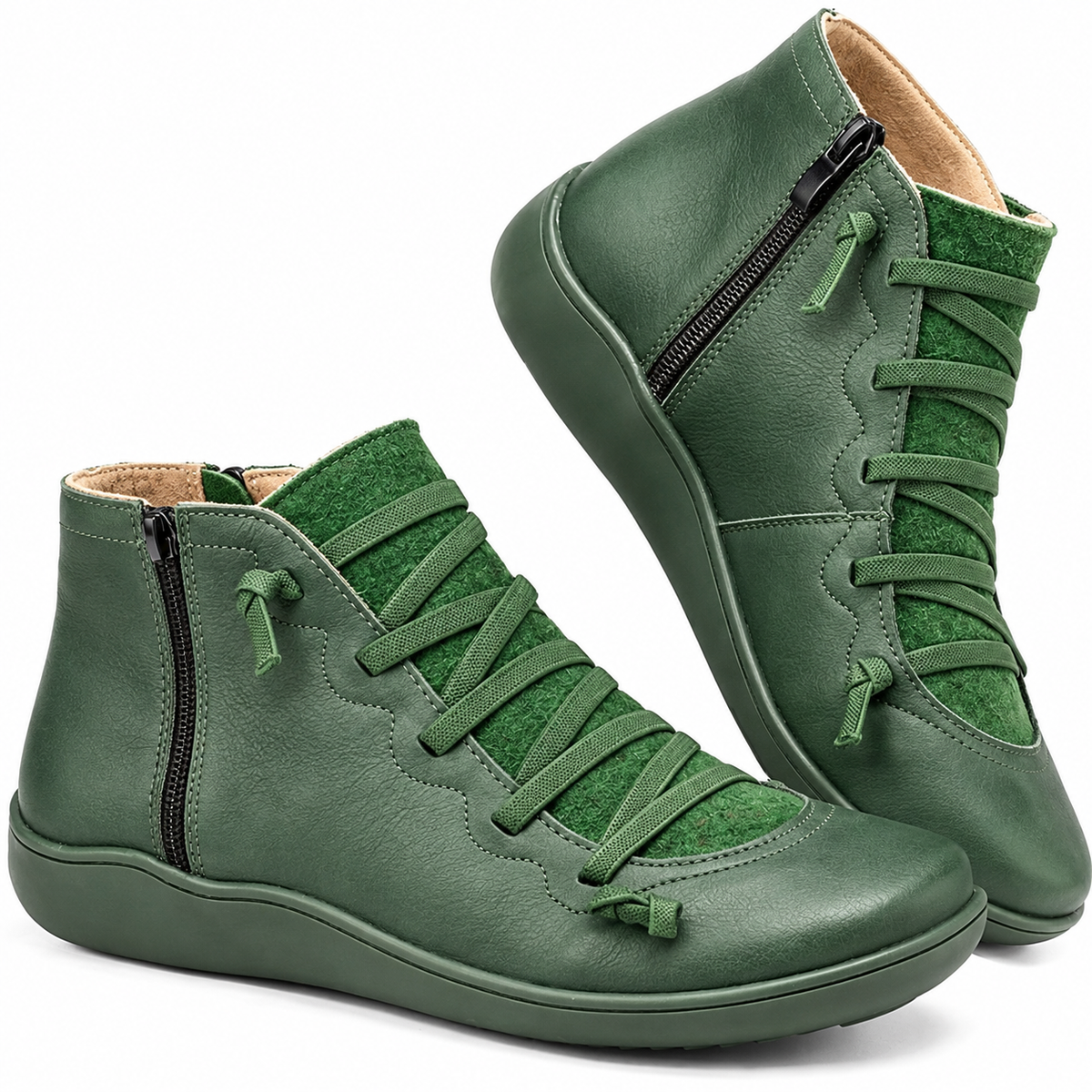 Women's plain lace-up ankle boots with side zips and flat soles