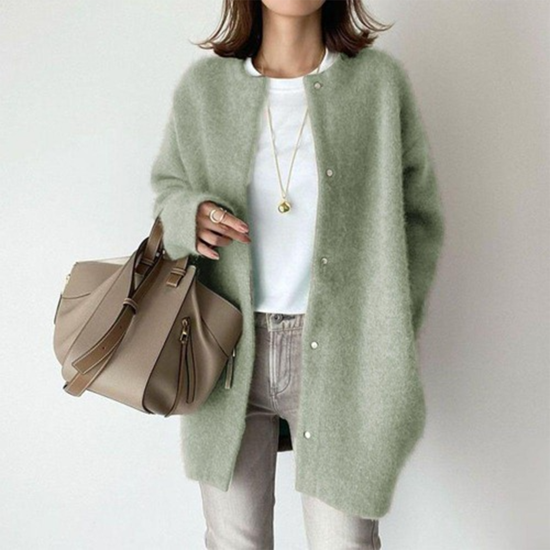 Women's longline button-front cardigan with round neckline and long sleeves