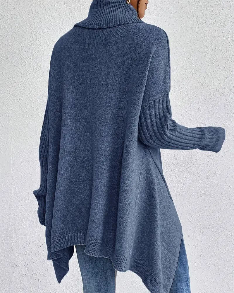 Women's asymmetric high-neck jumper with long sleeves and ribbed trims