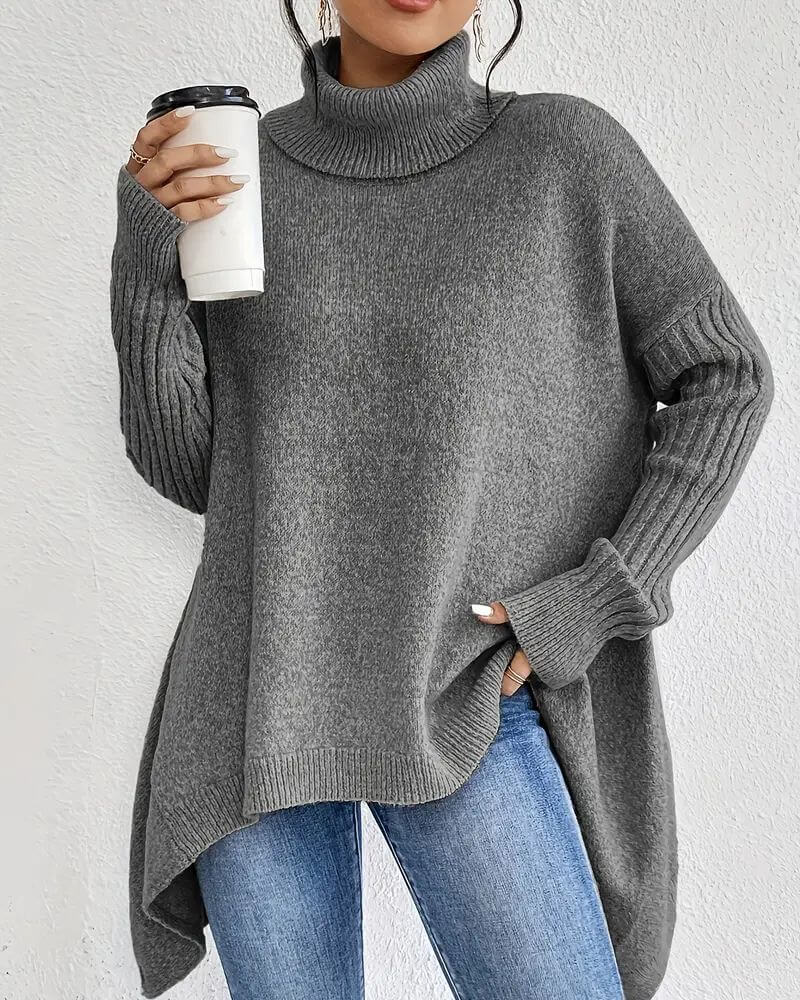 Women's asymmetric high-neck jumper with long sleeves and ribbed trims