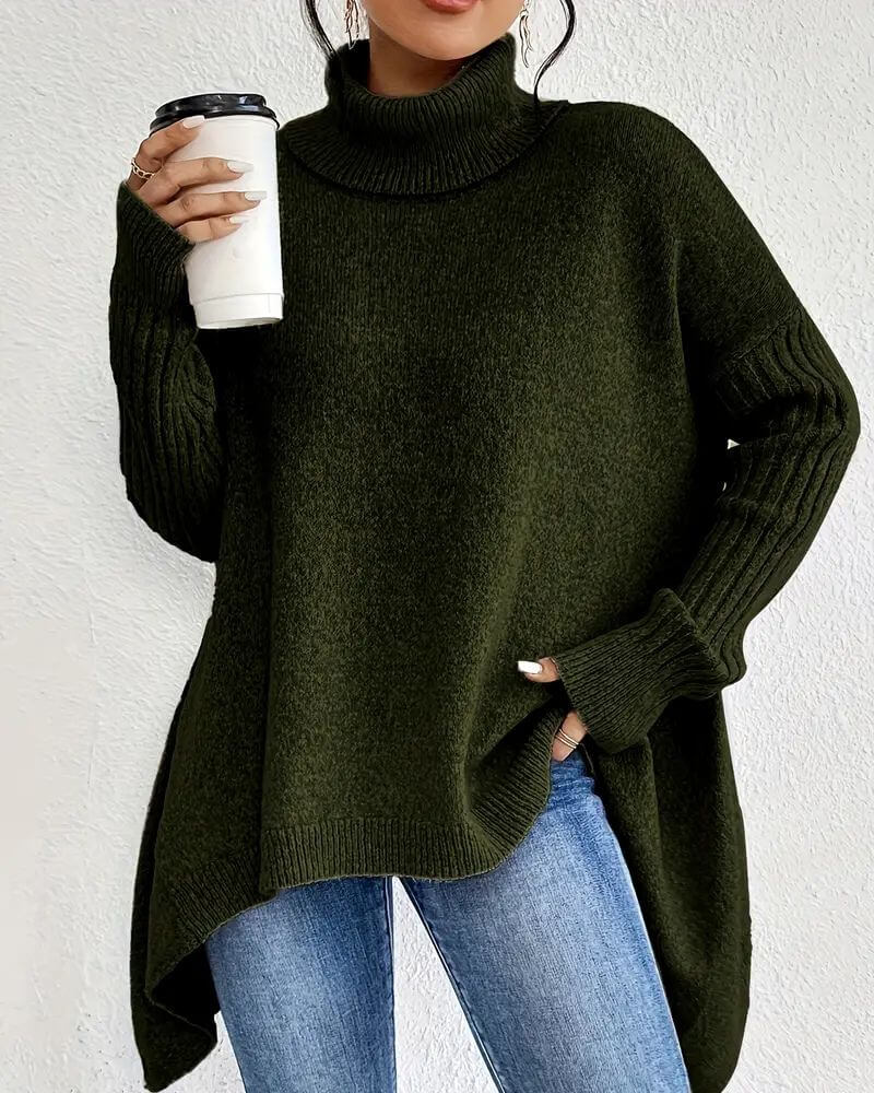 Women's asymmetric high-neck jumper with long sleeves and ribbed trims