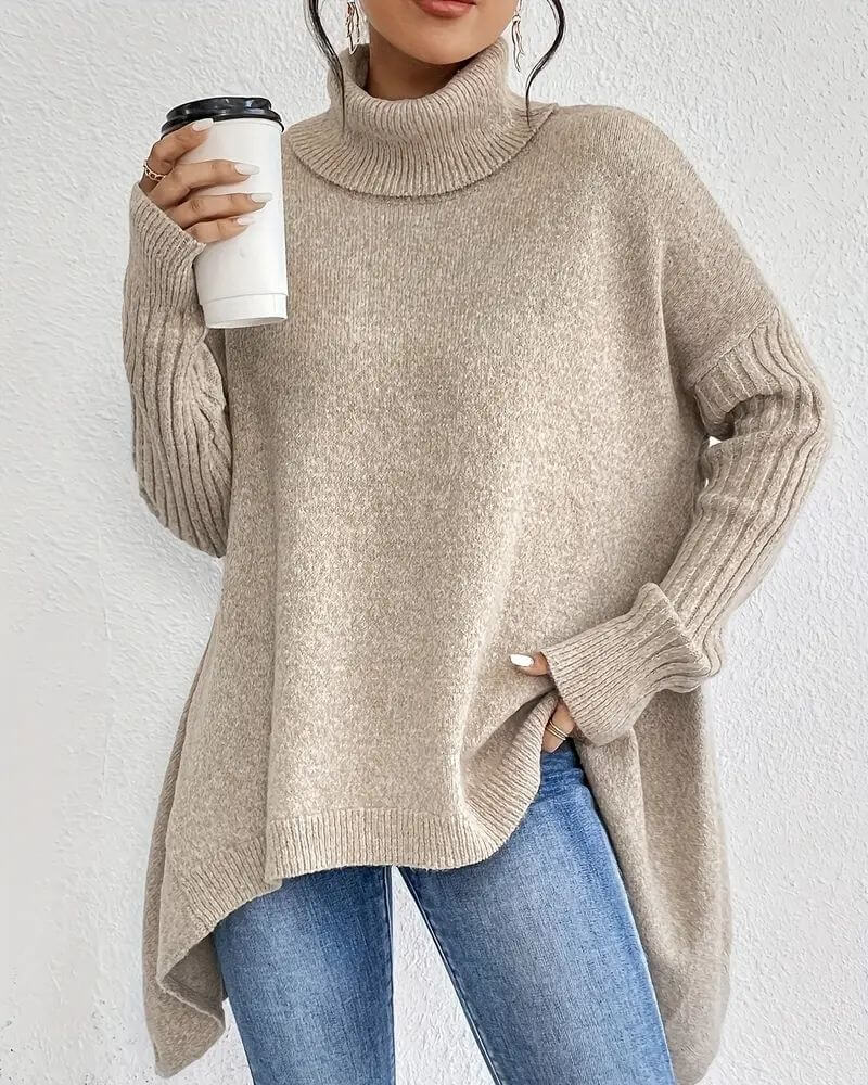 Women's asymmetric high-neck jumper with long sleeves and ribbed trims