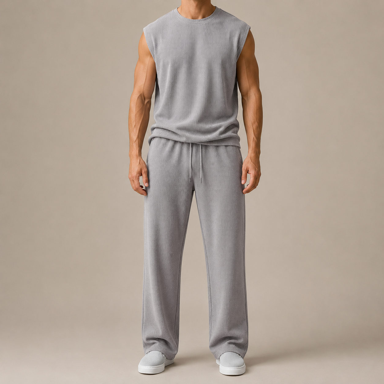 Men's ribbed sleeveless top and full-length trousers set with drawstring waist