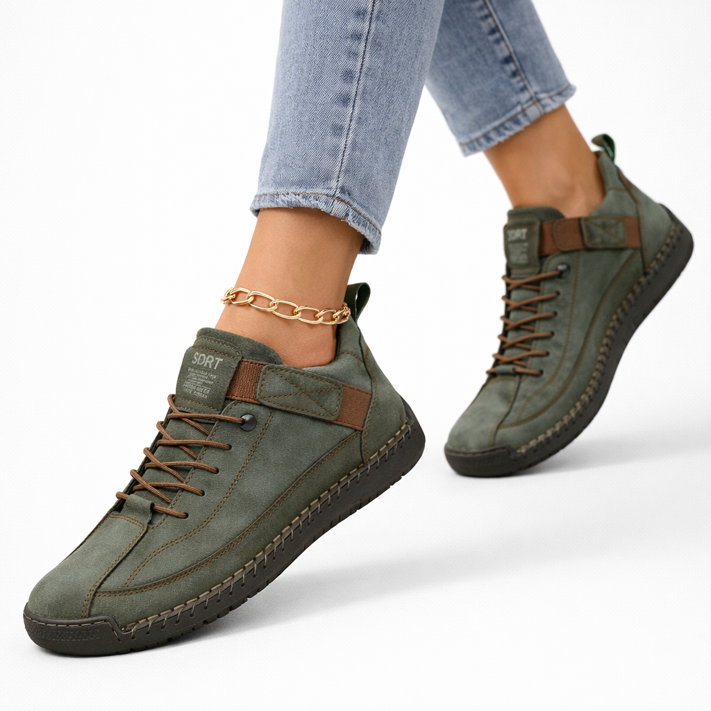 Women's lace-up ankle sneakers with rounded toes, strap detail and flat textured soles