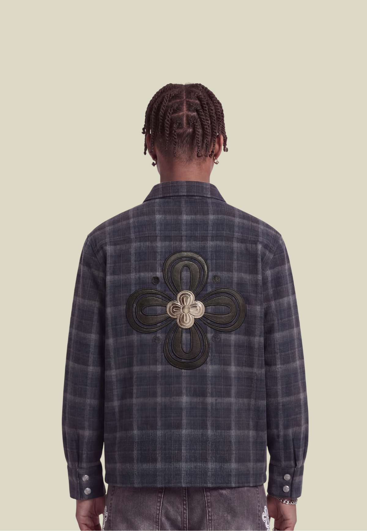 Men's navy checked long-sleeve shirt with chest pocket and floral back motif