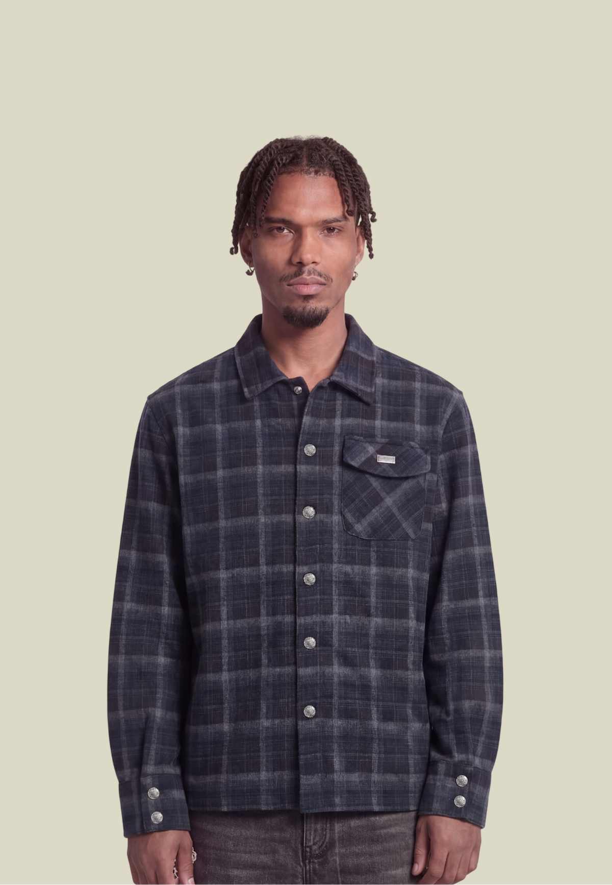 Men's navy checked long-sleeve shirt with chest pocket and floral back motif