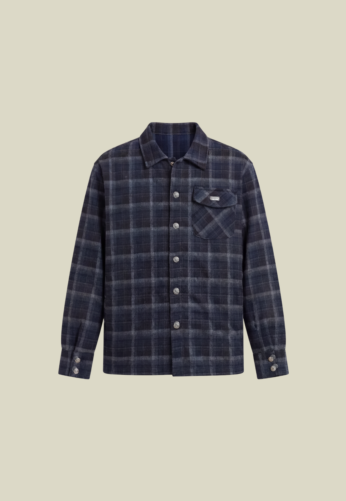 Men's navy checked long-sleeve shirt with chest pocket and floral back motif