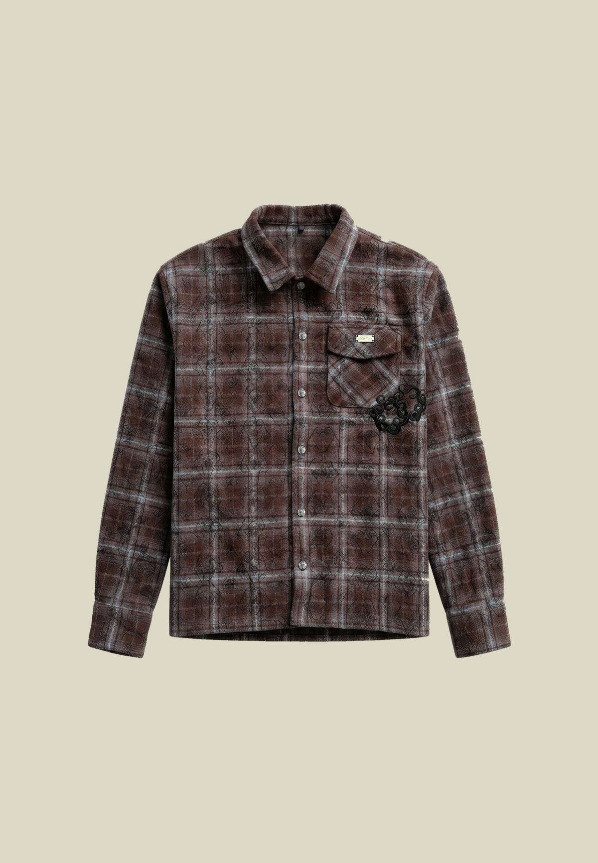 Men's brown checked long-sleeve shirt with button front and decorative back lettering