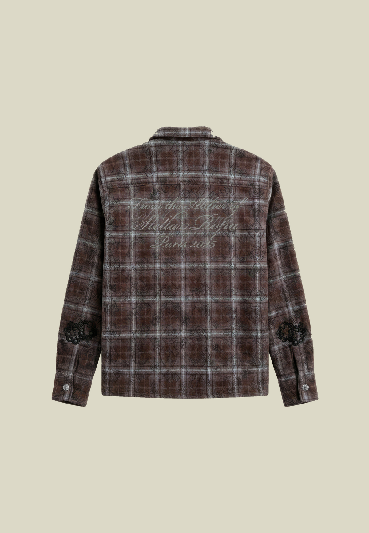 Men's brown checked long-sleeve shirt with button front and decorative back lettering