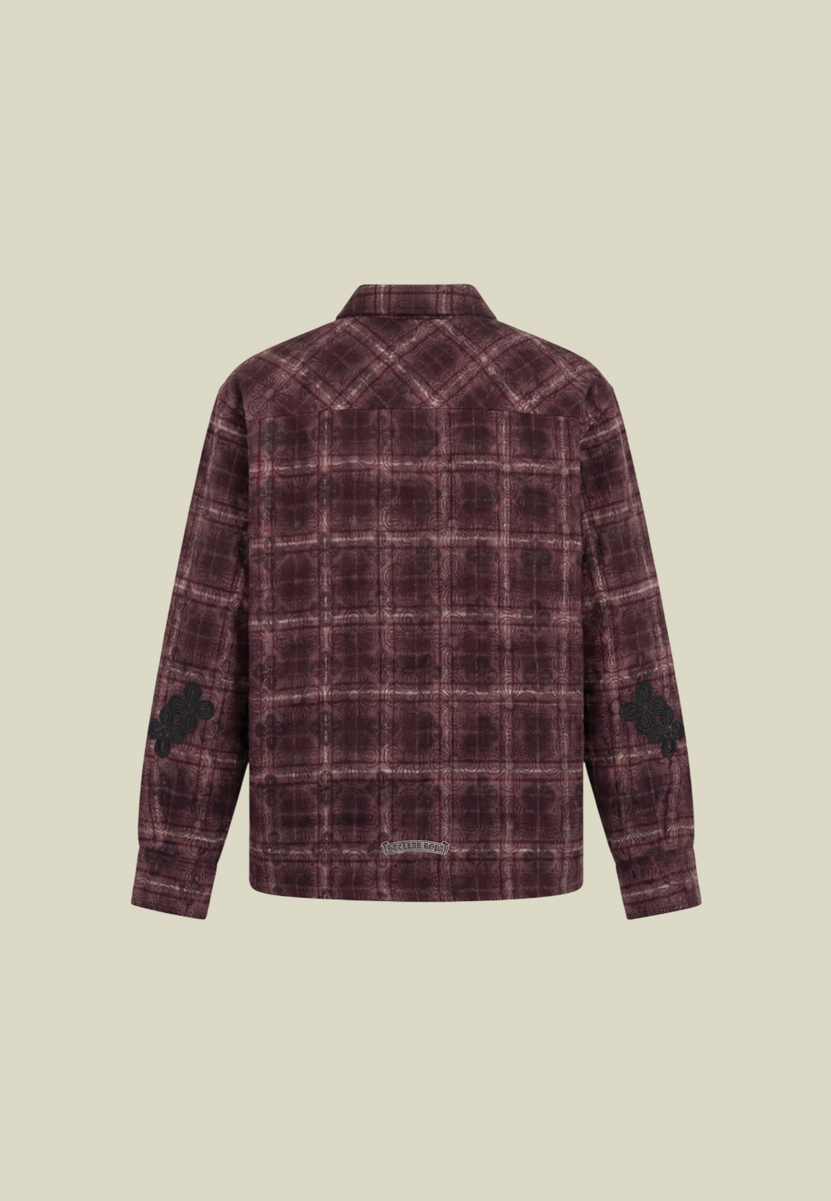 Men's deep red checked flannel overshirt with long sleeves, button front and chest pocket