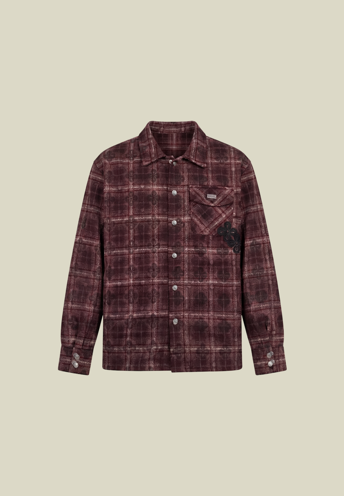 Men's deep red checked flannel overshirt with long sleeves, button front and chest pocket