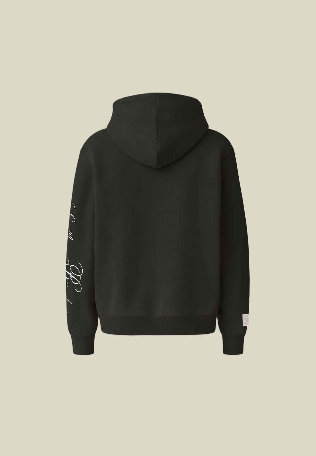 Black hooded sweatshirt with white script sleeve detailing and kangaroo pocket