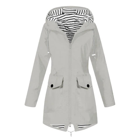Women's hooded long-sleeve trench coat with zip front and flap pockets