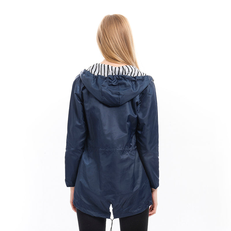 Women's Hooded Rain Jacket Drawstring Waist - Navy