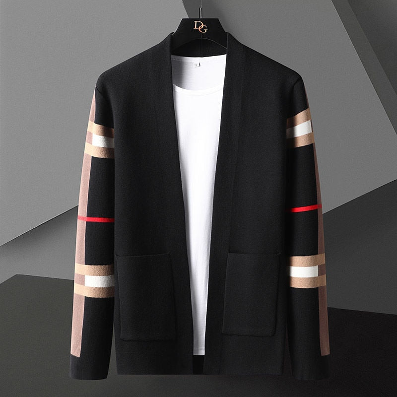 Men's open-front cardigan with striped contrast sleeves and front patch pockets