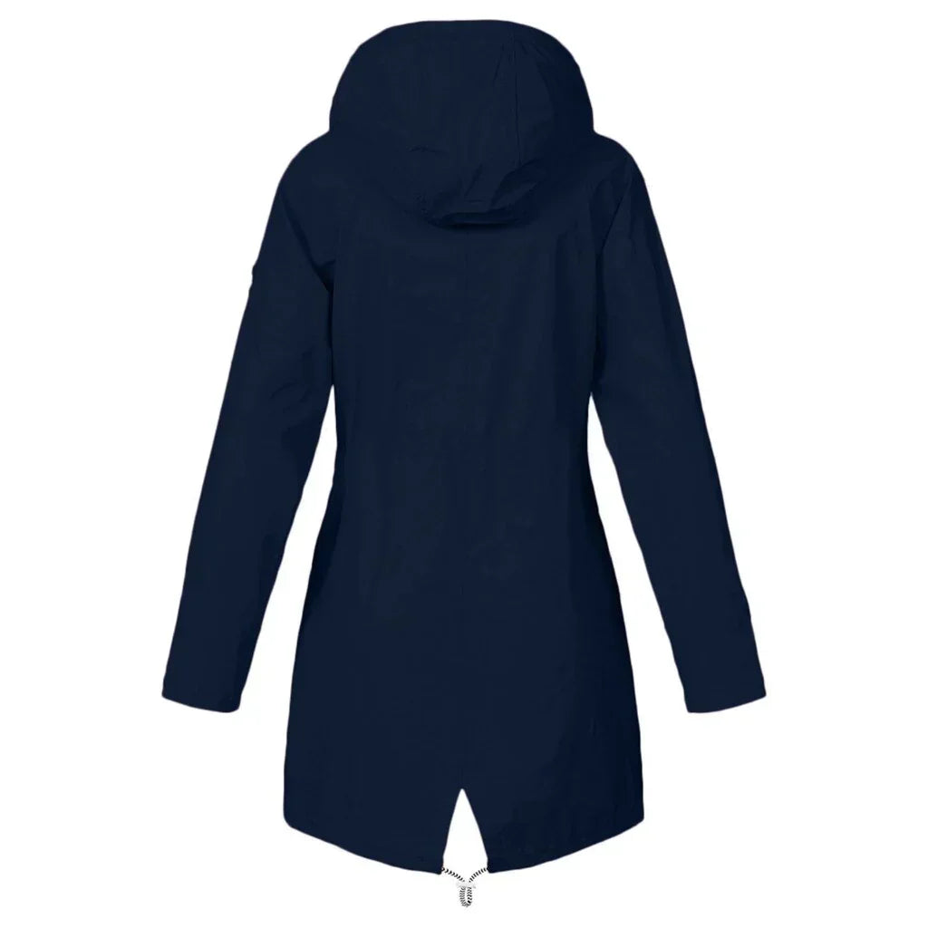 Women's hooded long-sleeve trench coat with zip front and flap pockets