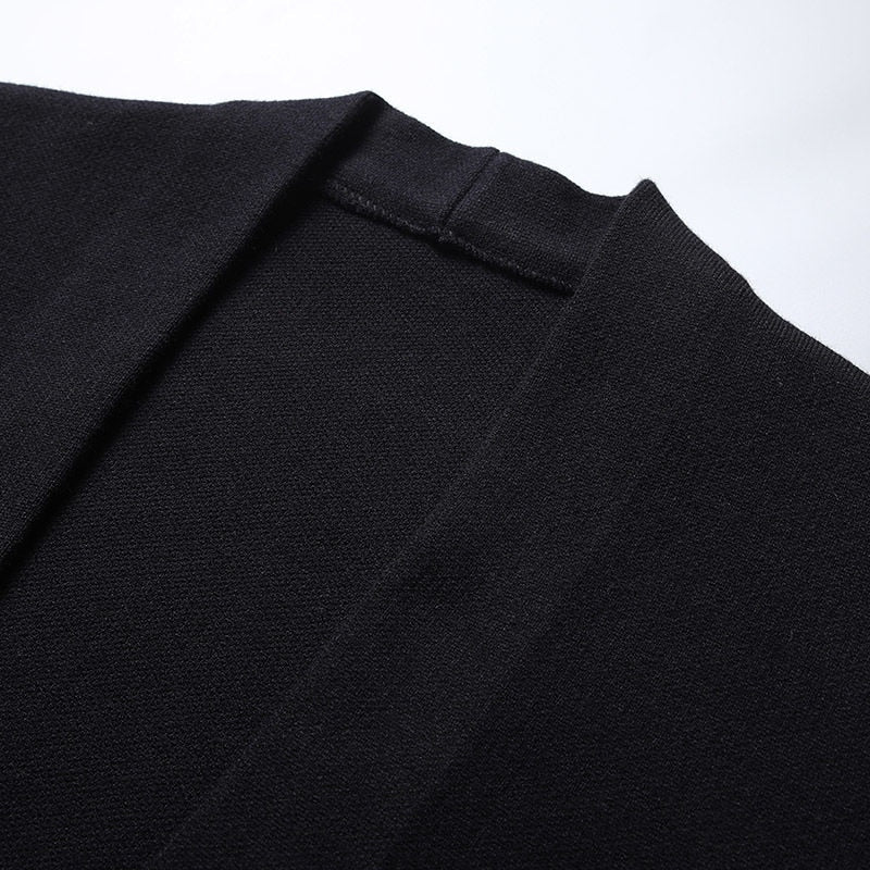 Men's open-front cardigan with striped contrast sleeves and front patch pockets