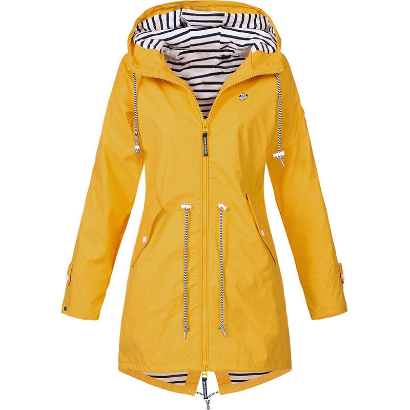 Women's Hooded Rain Jacket Drawstring Waist - Orange