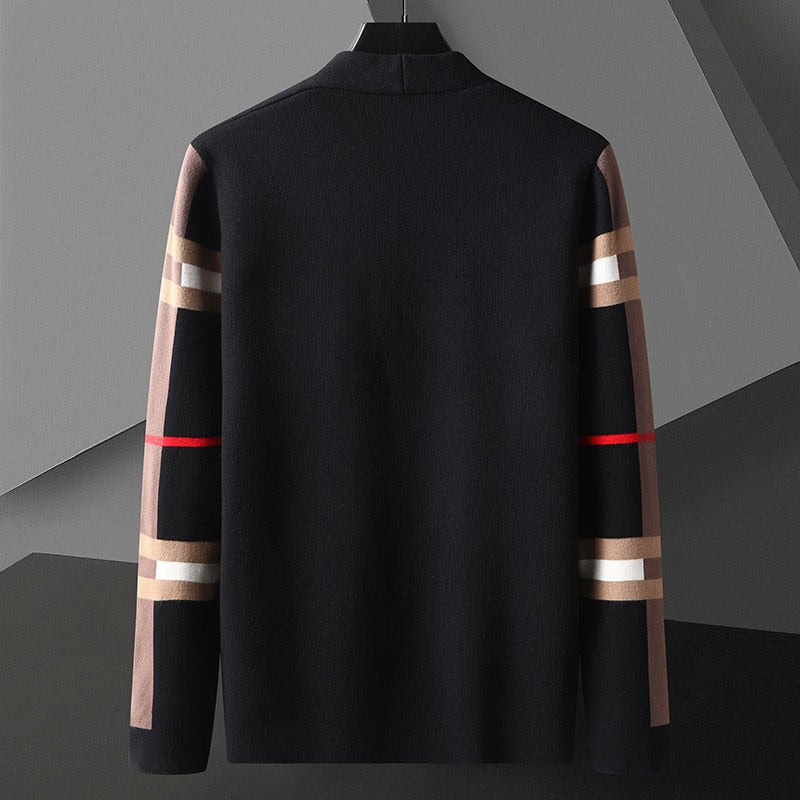 Men's open-front cardigan with striped contrast sleeves and front patch pockets