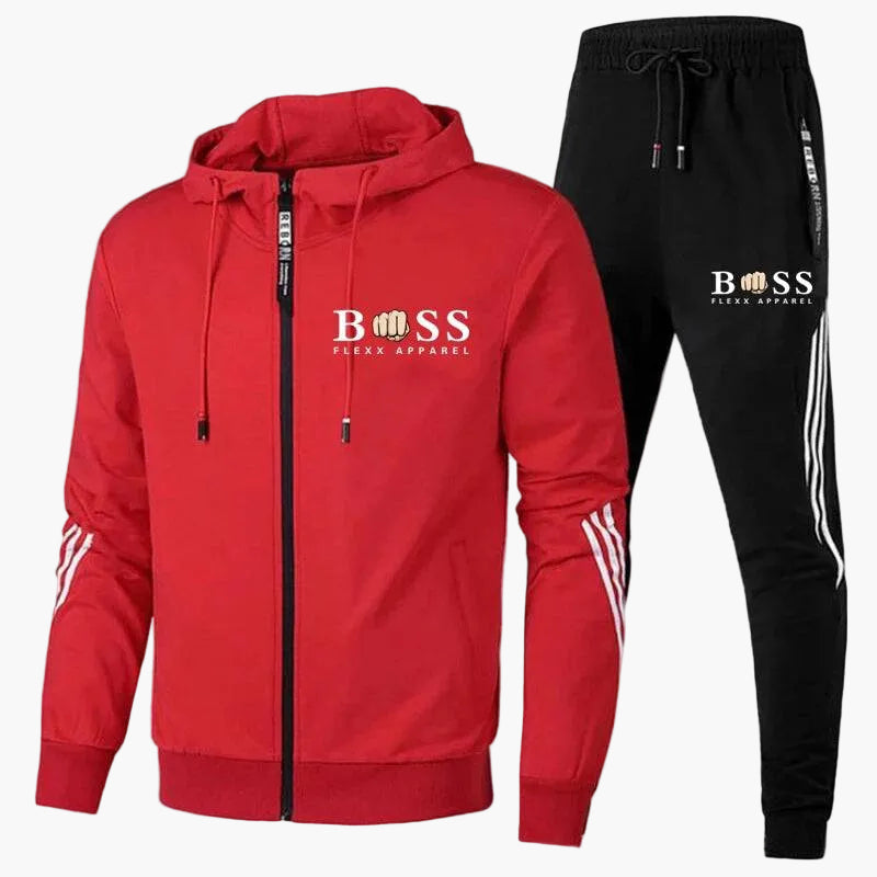 Men's hooded tracksuit set with zip jacket and striped jogger trousers