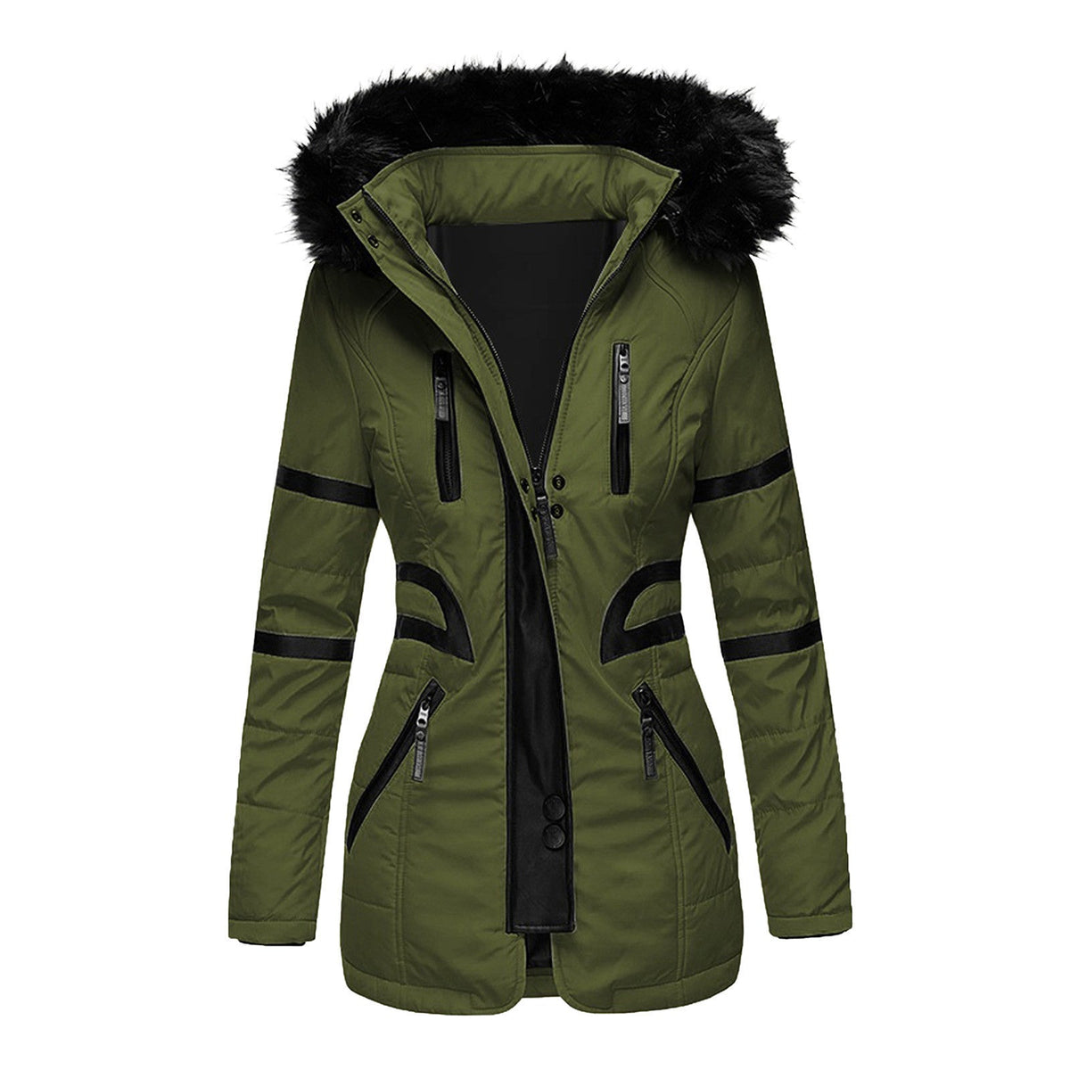 Women's hooded padded winter jacket with faux fur trim and multiple front pockets