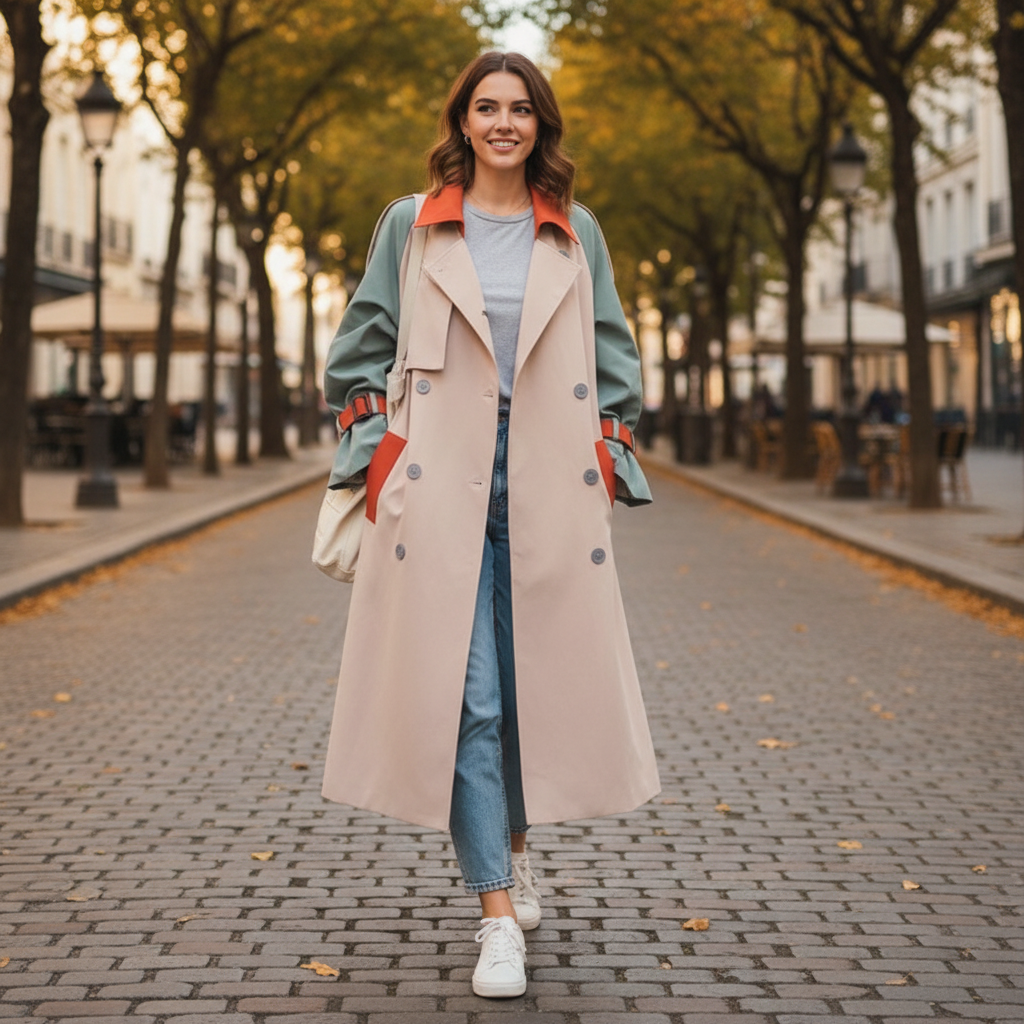 Women's colour block trench coat with beige body, blue-grey sleeves and orange contrast panels