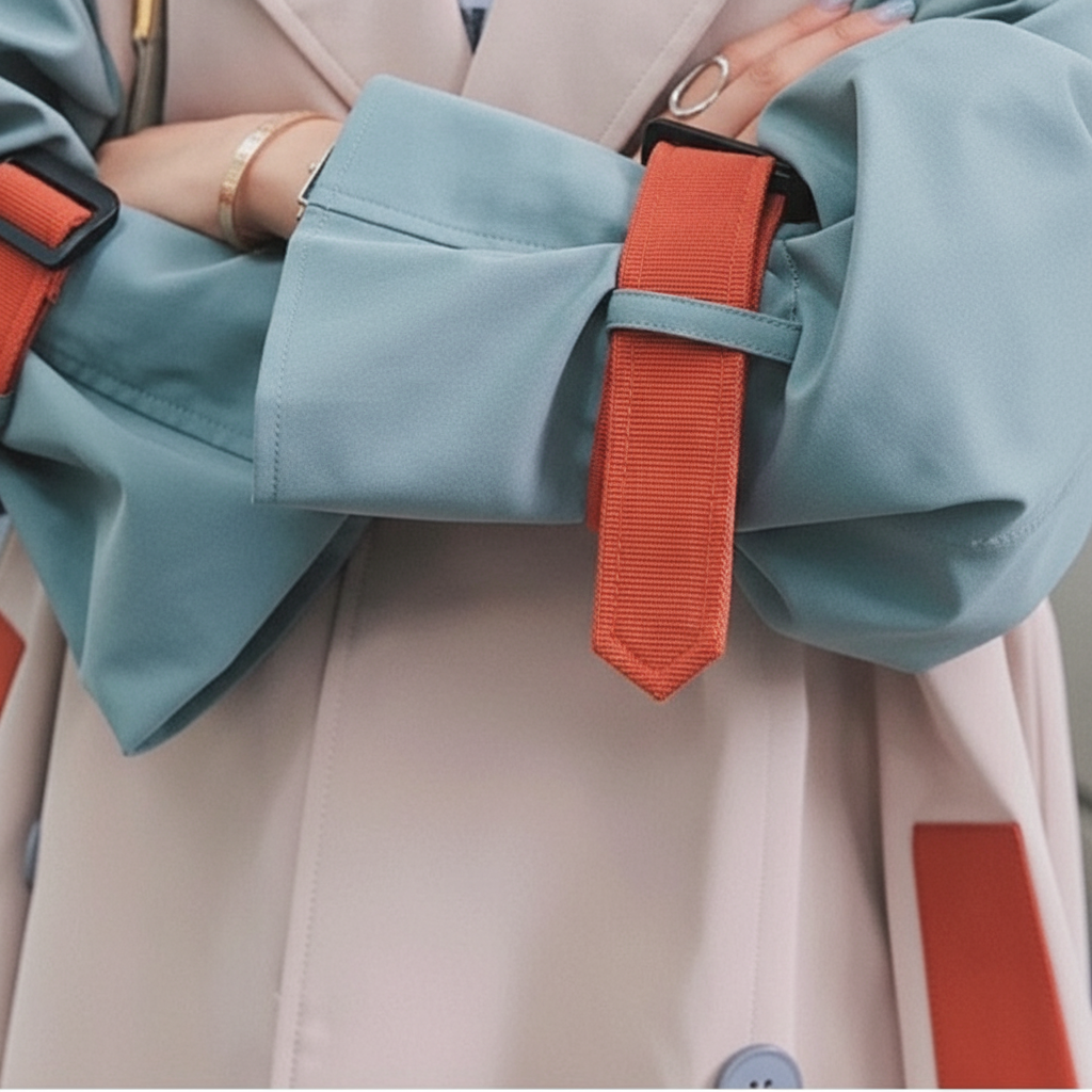 Women's colour block trench coat with beige body, blue-grey sleeves and orange contrast panels