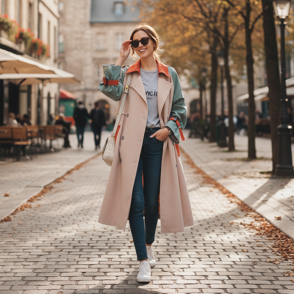Women's colour block trench coat with beige body, blue-grey sleeves and orange contrast panels