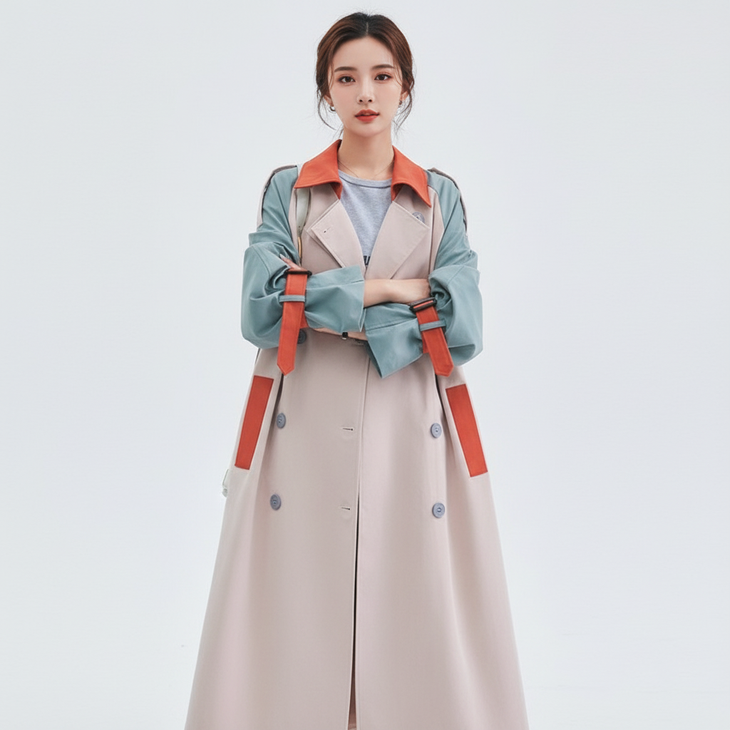 Women's colour block trench coat with beige body, blue-grey sleeves and orange contrast panels