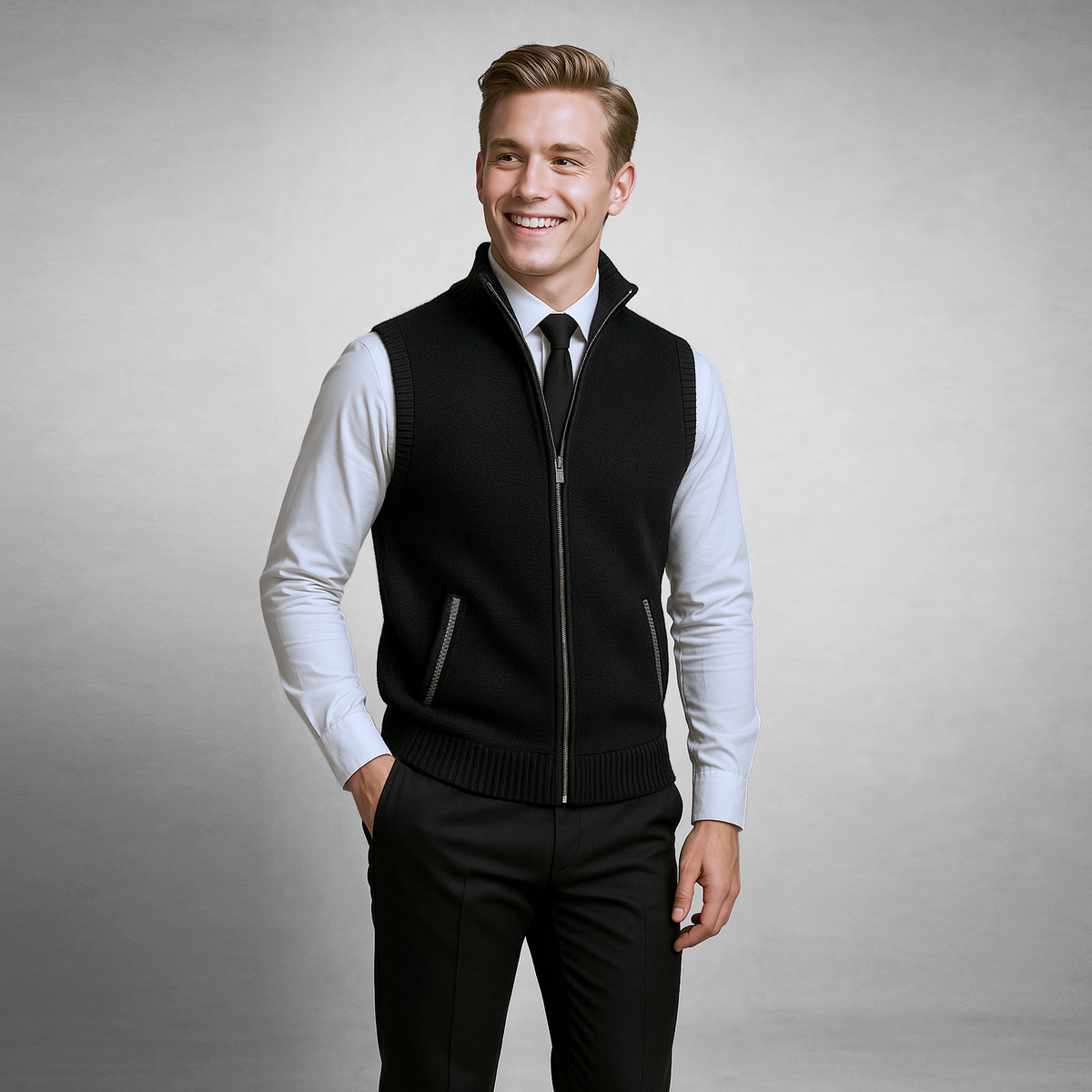 Men's sleeveless textured full-zip sweater vest with stand collar and front pockets