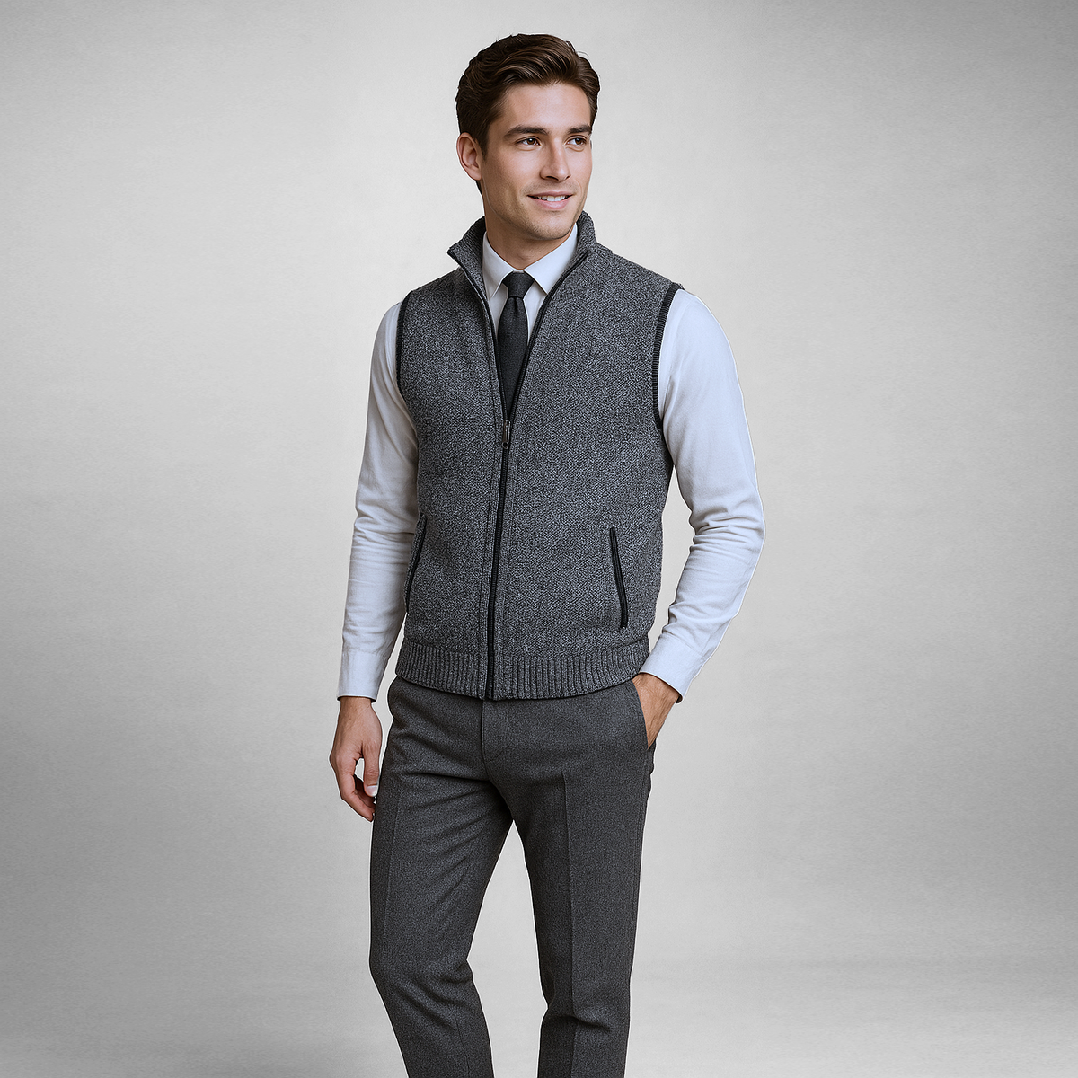 Men's sleeveless textured full-zip sweater vest with stand collar and front pockets