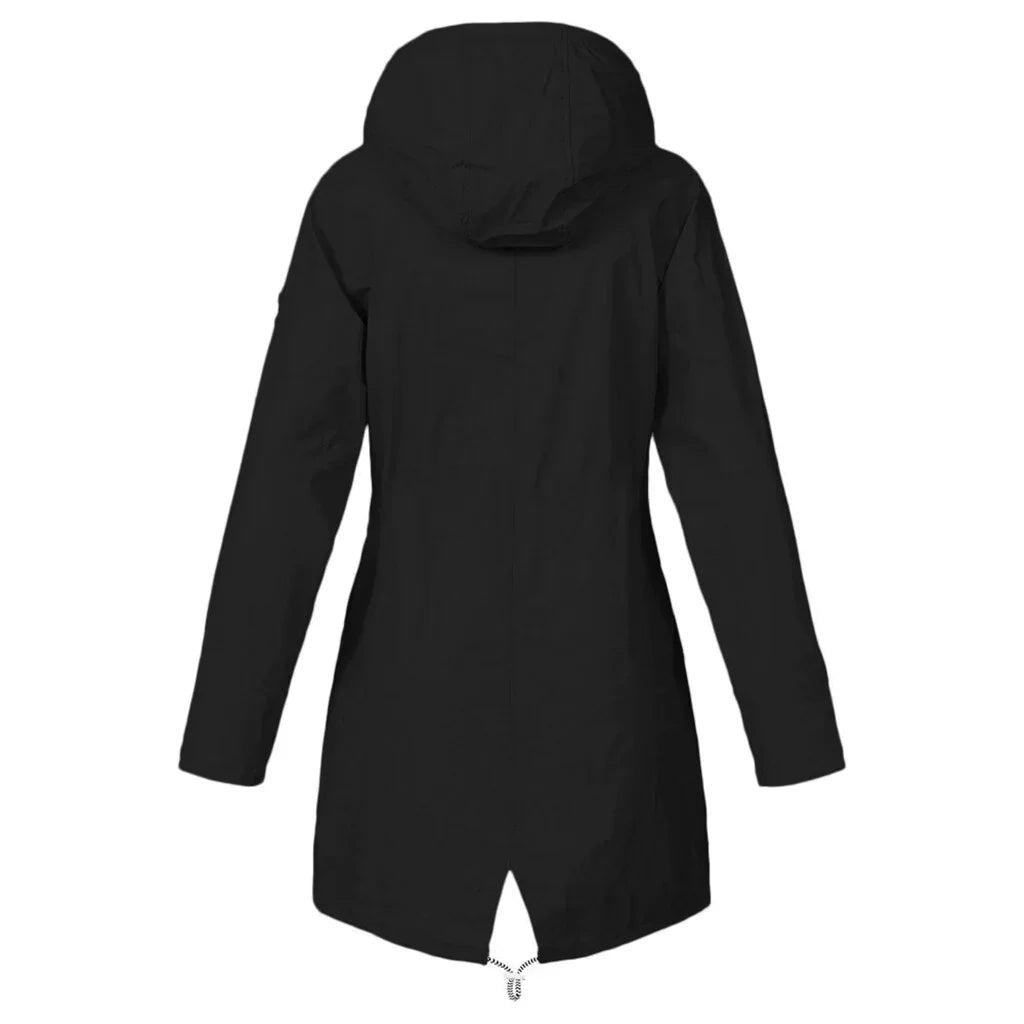 Women's hooded long-sleeve trench coat with zip front and flap pockets