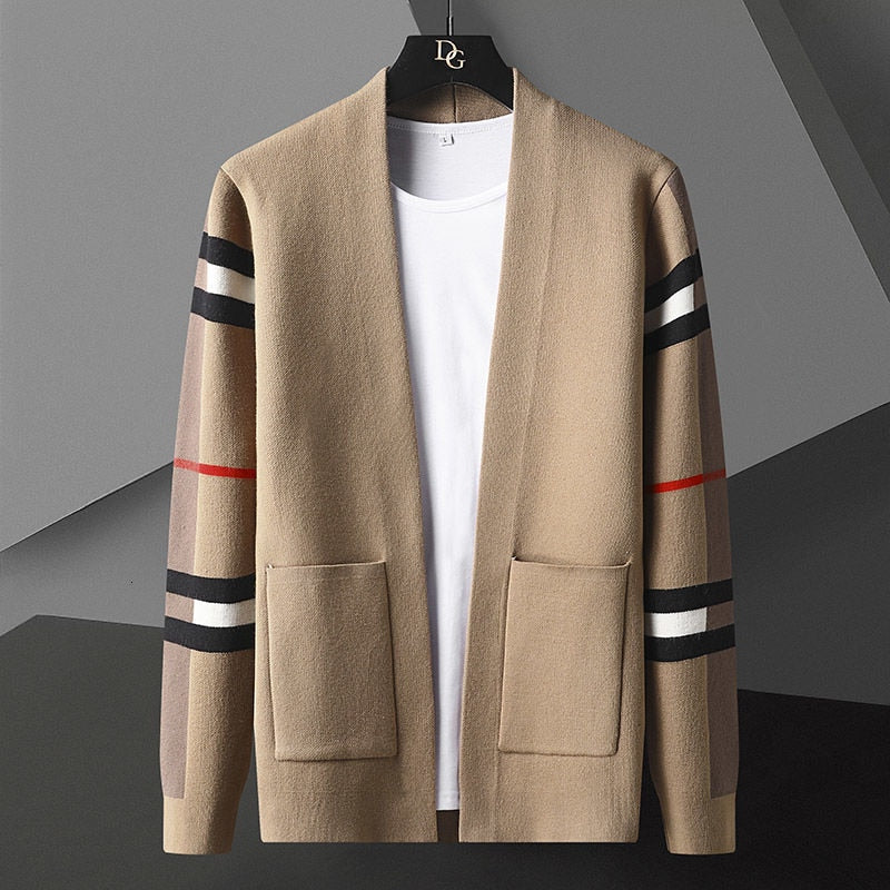 Men's open-front cardigan with striped contrast sleeves and front patch pockets