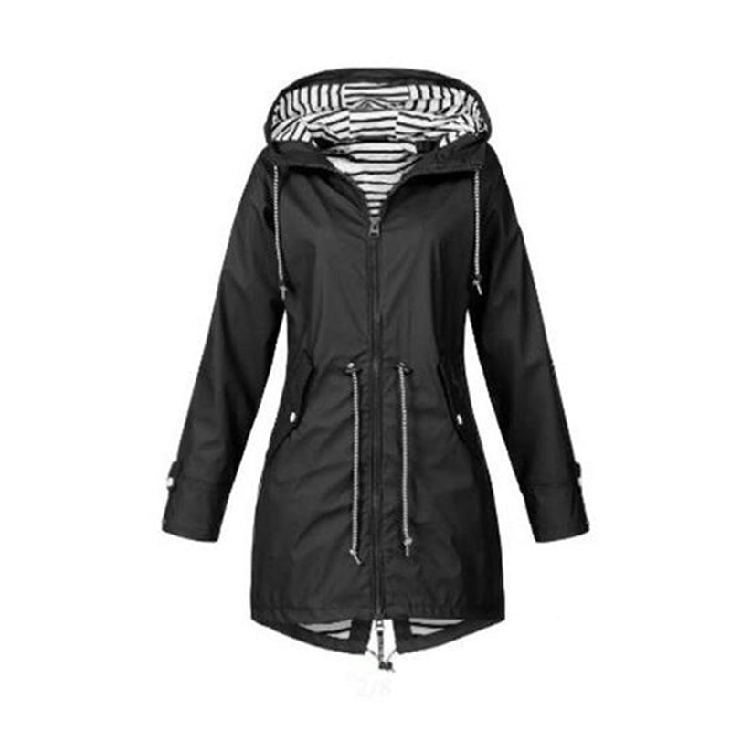 Women's Hooded Rain Jacket Drawstring Waist - Black