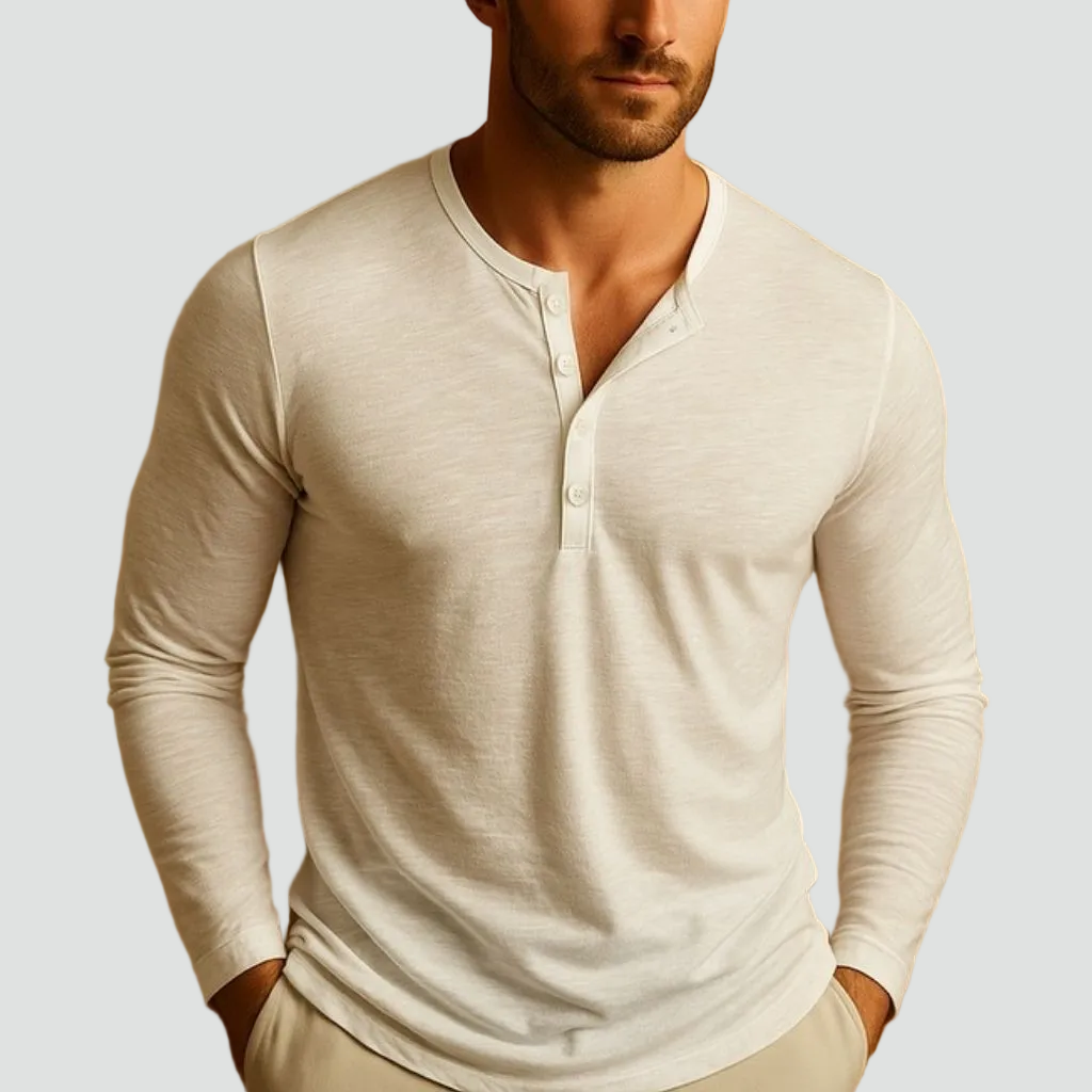 Men's slim fit long-sleeve shirt with Mandarin collar and button placket