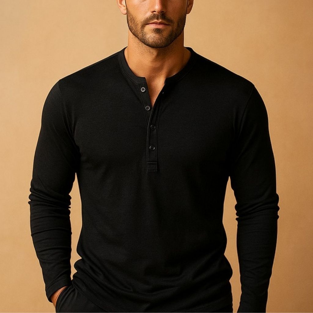 Men's slim fit long-sleeve shirt with Mandarin collar and button placket