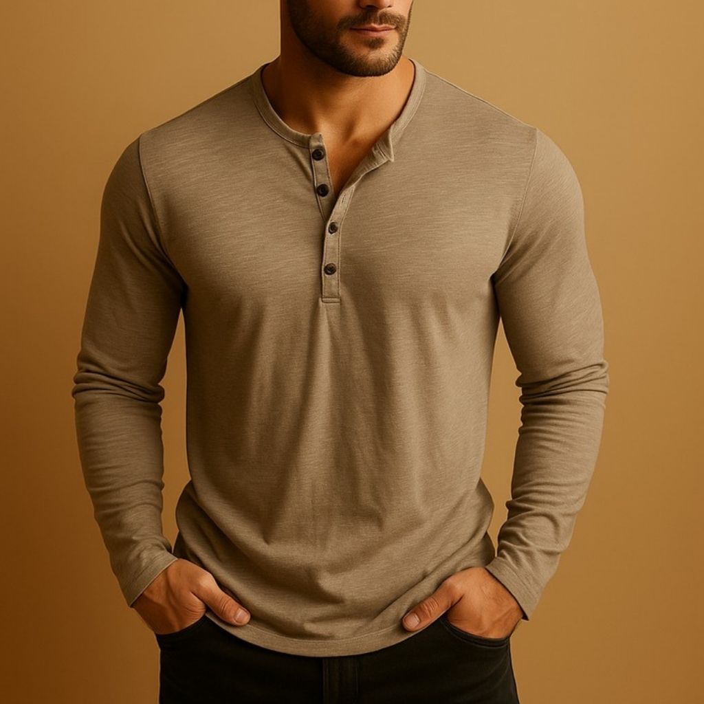 Men's slim fit long-sleeve shirt with Mandarin collar and button placket