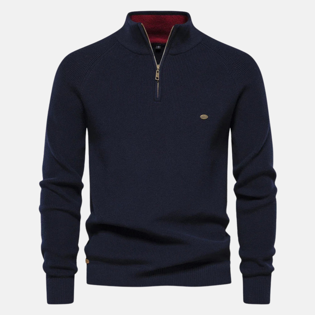 Men's ribbed half-zip jumper with stand collar and long sleeves