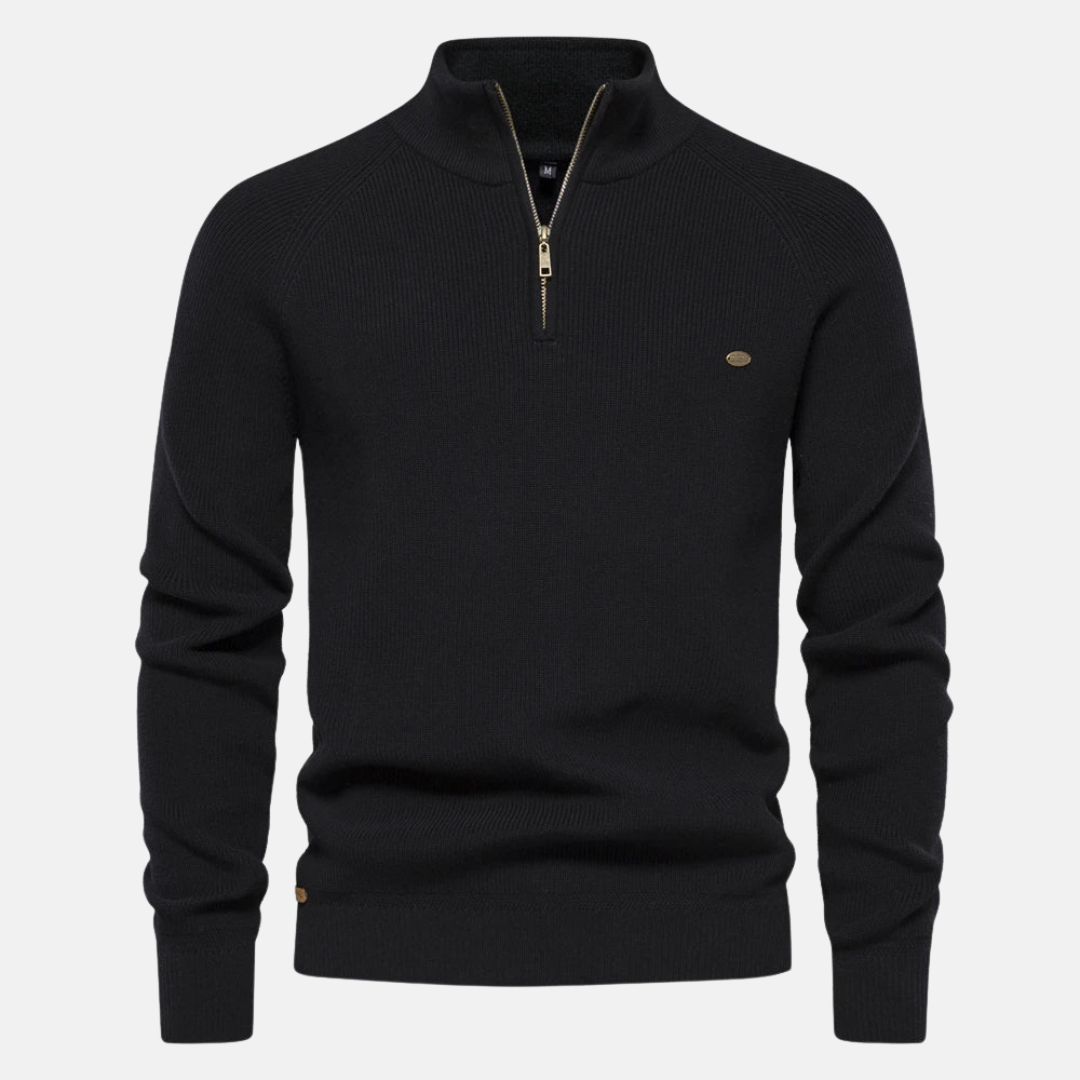 Men's ribbed half-zip jumper with stand collar and long sleeves