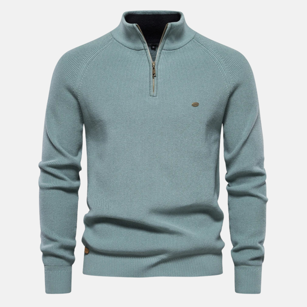 Men's ribbed half-zip jumper with stand collar and long sleeves