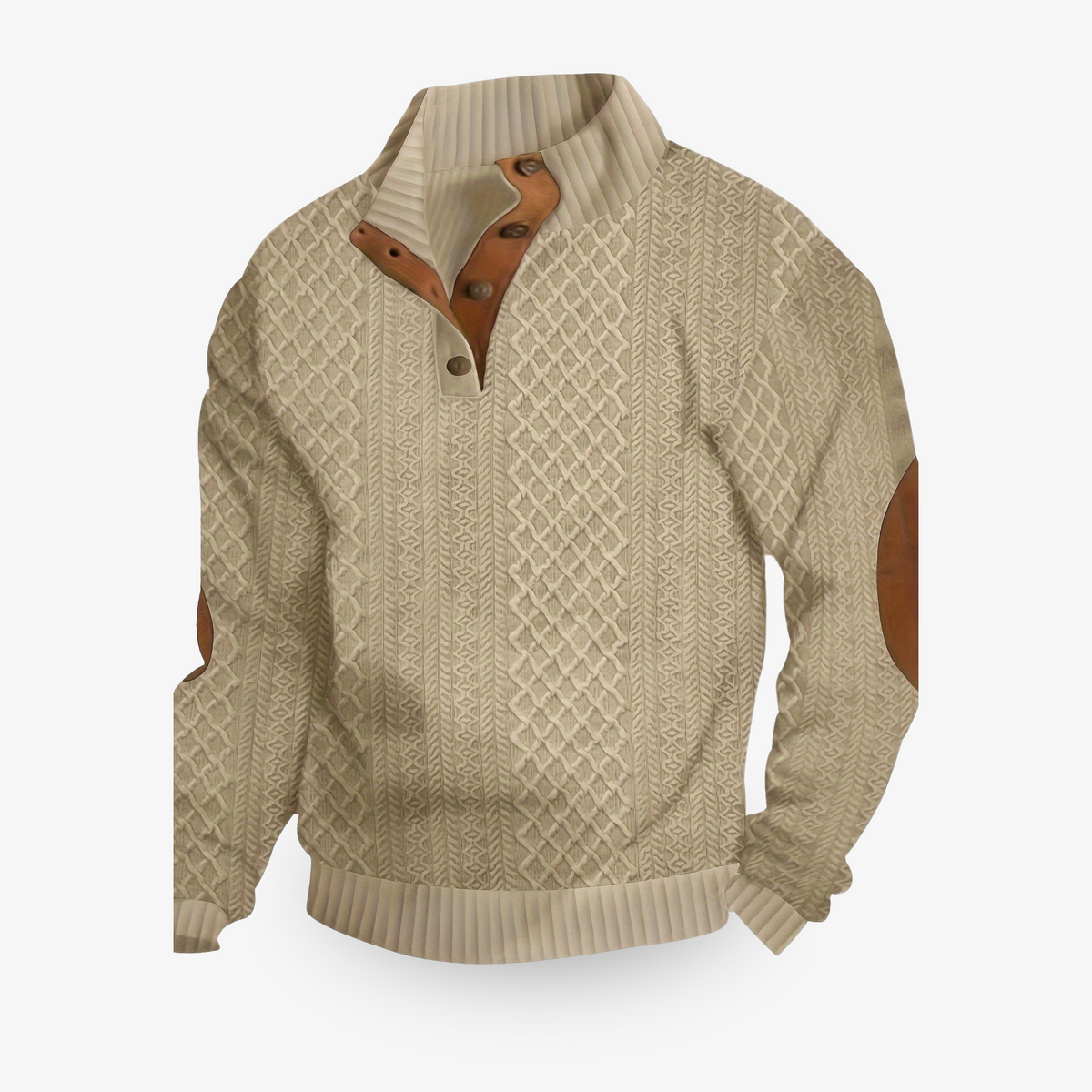 Men's cable knit jumper with mock neck, button placket and elbow patches