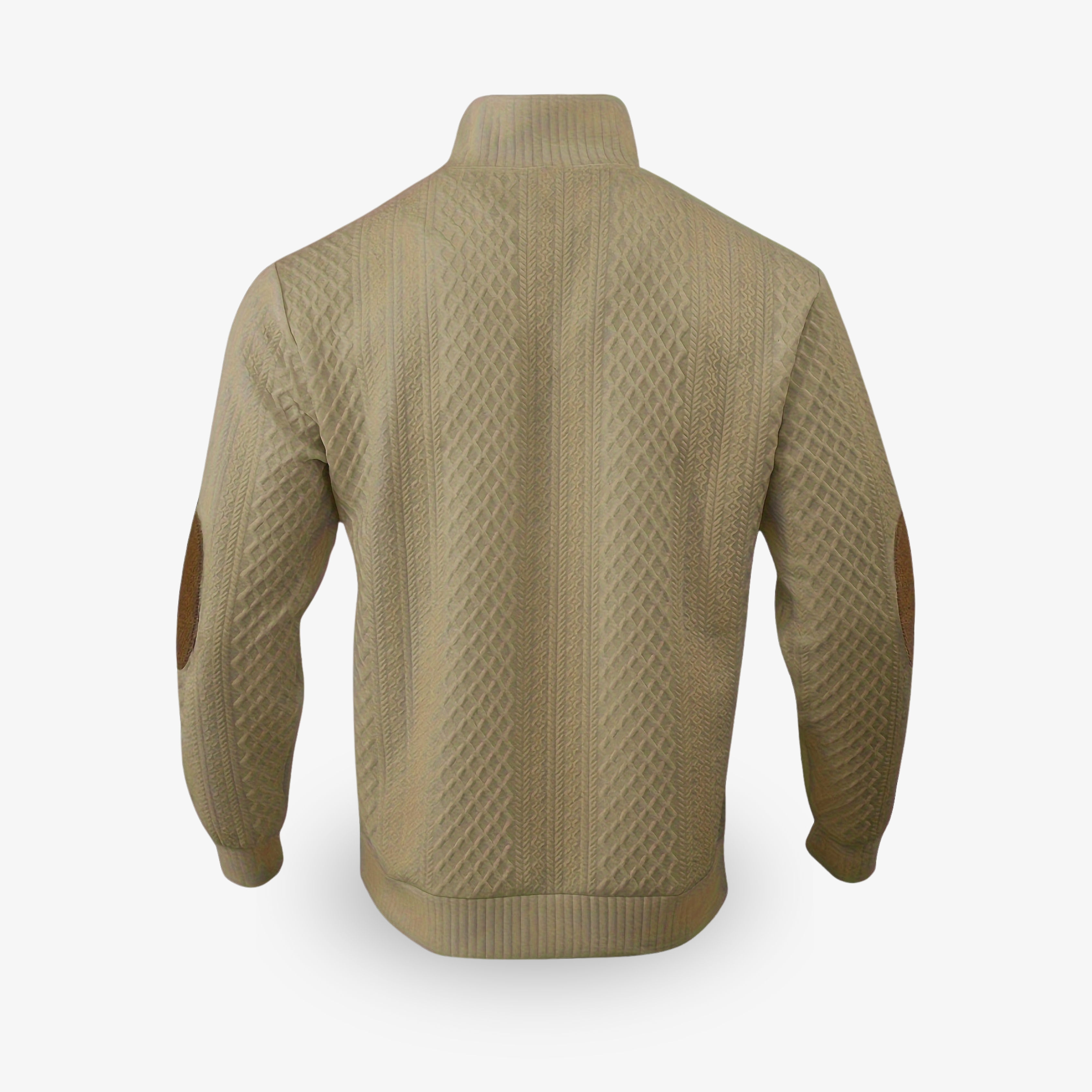 Men's cable knit jumper with mock neck, button placket and elbow patches