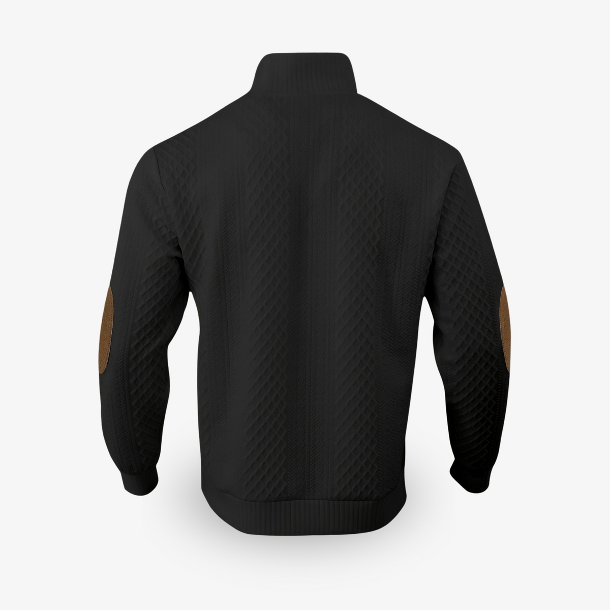 Men's cable knit jumper with mock neck, button placket and elbow patches