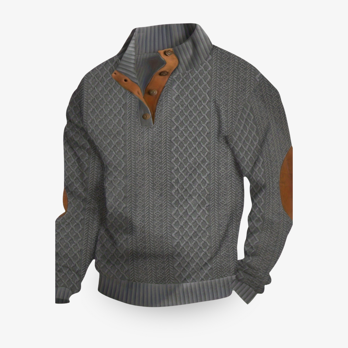 Men's cable knit jumper with mock neck, button placket and elbow patches
