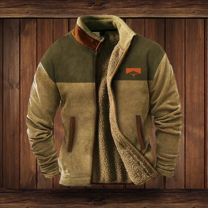 Men's jacket with patterned long sleeves, stand collar, zip front and contrasting lining