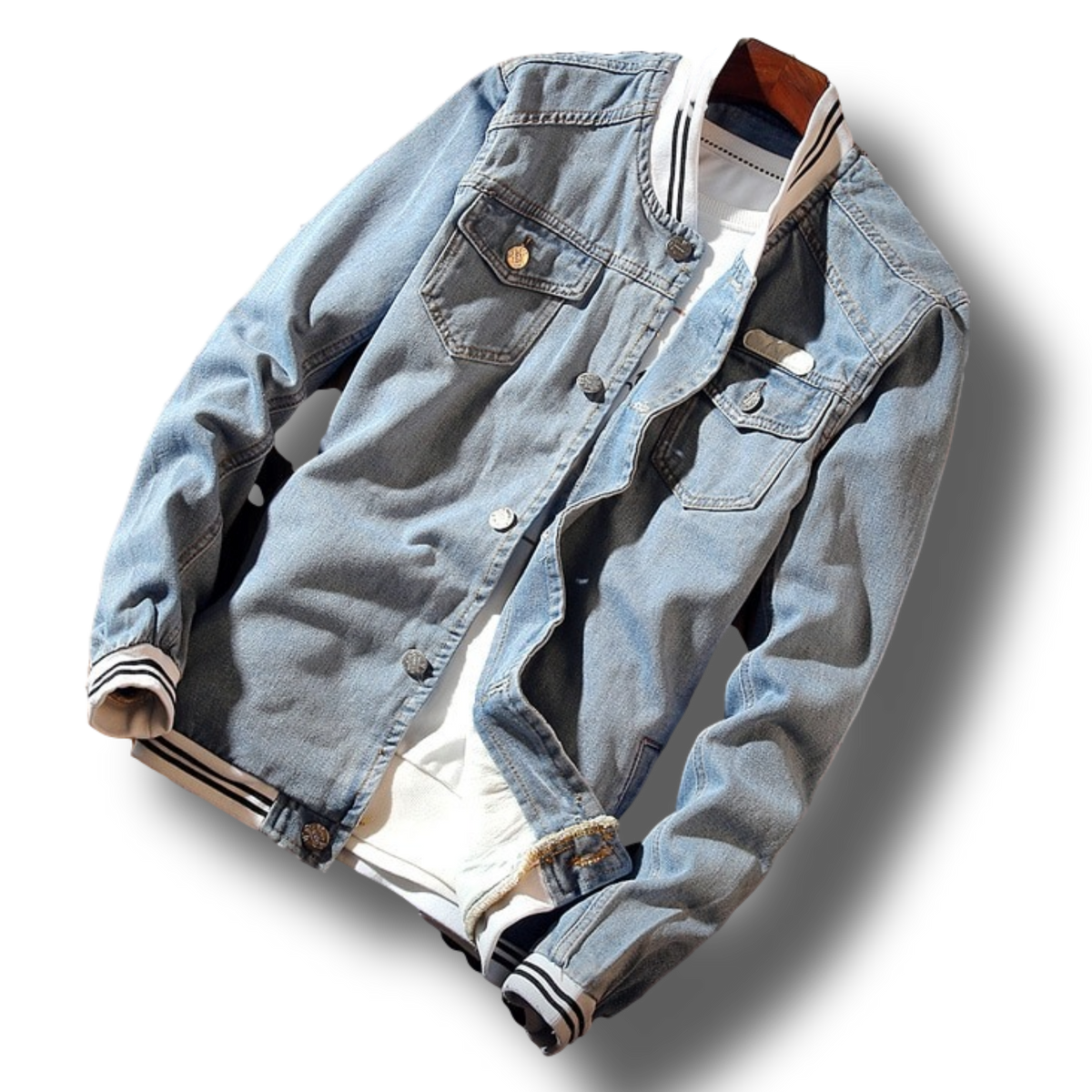 Men's blue denim jacket with stand collar, button front and chest pockets