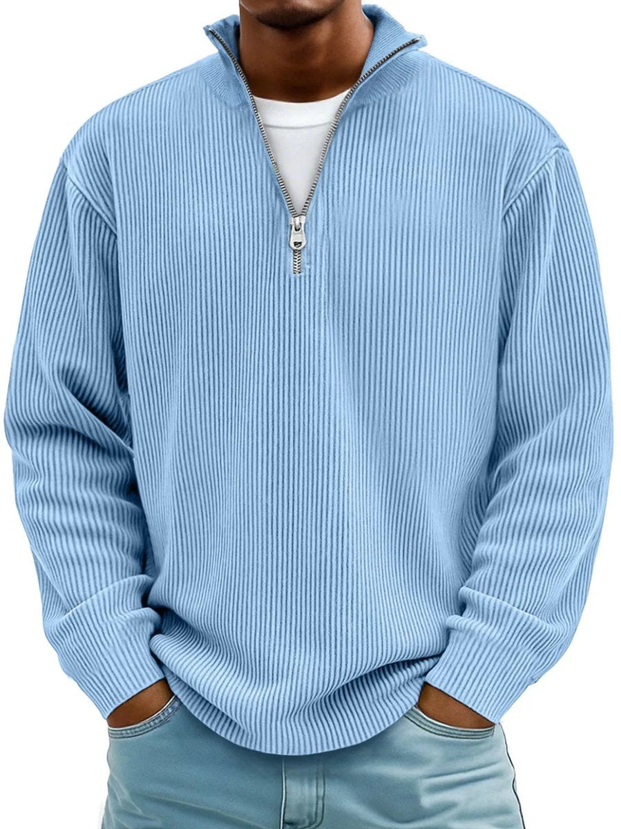 Men's ribbed quarter-zip jumper with stand collar and long sleeves