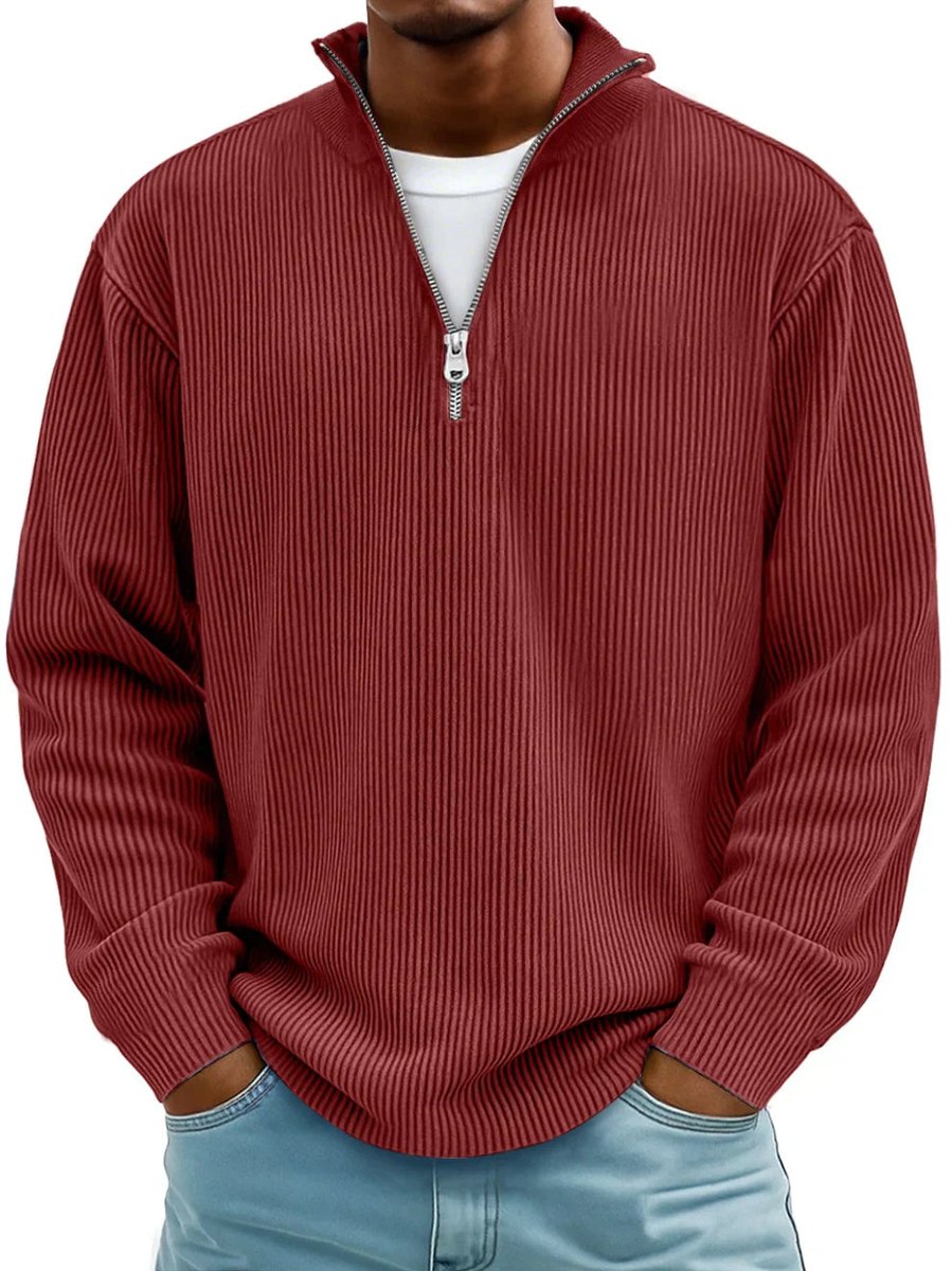 Men's ribbed quarter-zip jumper with stand collar and long sleeves