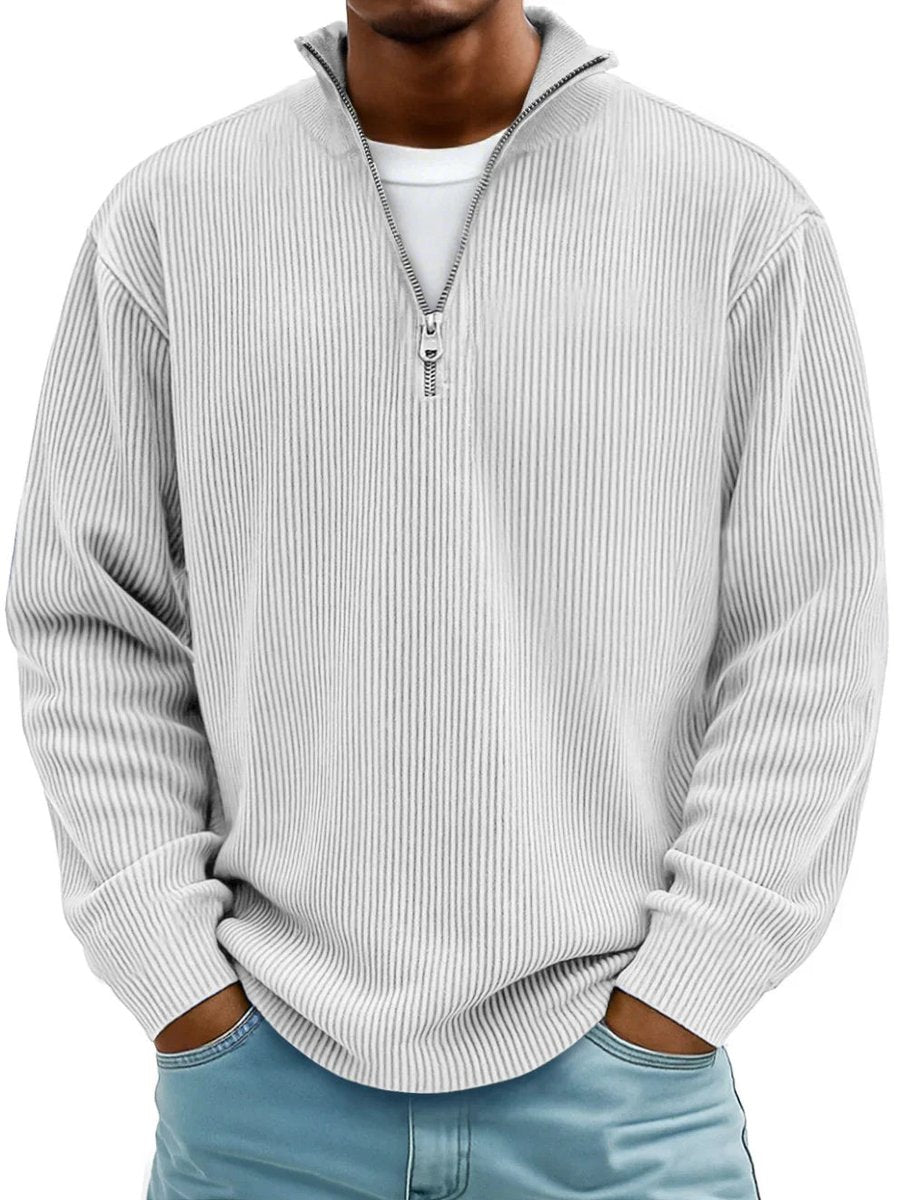 Men's ribbed quarter-zip jumper with stand collar and long sleeves